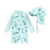 Petityu Güneş Korumalı Uzun Kollu Caretta Caretta Su Yeşili Şapka Mayo Set
