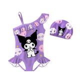 Petityu Kuromi Tek Omuz Fırfır Detaylı Boneli Mor Kız Çocuk Mayo 7-8 Yaş