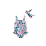 Petityu Pembe Kaktus Desenli Mayo Ve Sac Bandi- Kiz Cocuk Bebek Mayo Ve Bant