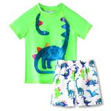 Petityu Plaj Giyim Şort Mayo Set Petityu Güneş Korumalı Neon Yeşil Dino Mayo Uzun Boyunlu T-rex Beyaz Şortlu Set