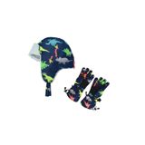 Petityu Su Geçirmez Erkek Çocuk Bere Eldiven Set 3-7 Yaş Kayak Snowboard Lacivert Üstü Renkli Dino Çocuk
