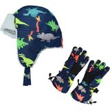 Petityu Su Geçirmez Erkek Çocuk Bere Eldiven Set 4-8 Yaş Kayak Snowboard Lacivert Üstü Renkli Dino