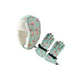 Petityu Su Geçirmez Kız Çocuk Bere Eldiven Set Mint Pembe Flamingo Desenli Kayak Snowboard 4-8 Yaş