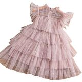 Petityu Tutu Parlak Yıldızlı Pembe Kız Cocuk Şirin Kat Kat Elbise - Doğum Günü Elbisesi - 5 - 7 Yaş