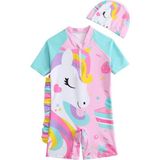 Petityu Unicorn Seker Pembe Mint Kollu Pembe UPF50+ Kısa Kollu Şapkalı Kız Çocuk Mayo Set - 5 - 6 Yaş