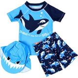 Petityu UP50+ Güneş Korumalı Tek Kol Lacivert Shark Kısa Kol Erkek Çocuk Mayo T-Shirt Şapka Set - Mavi - Lacivert - 1 Yaş