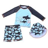 Petityu UPF50+ Güneş Korumalı Laci Uzun Kollu Köpekbalığı Desenli 3'lü Mayo Set Şapka T-shirt Şort 4-5 Yaş