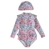 Petityu UPF50+ Güneş Korumalı Unicorn Mavi Pembe Boneli Yeni Mayo Ve Bone Set