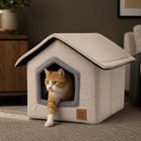 Petlebi 40x40x40 cm Bej Ev Modeli Kedi ve Küçük Irk Köpek Yatağı