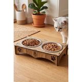 Petmagic 2'li Mama Kabı, Ahşap Çelik Kaseli Kedi Mama Kabı, Ahşap Standlı, Metal Kaseli