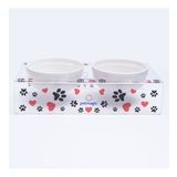 Petmagic Akrilik Pleksi Evcil Hayvan Beyaz Seramik Kaseli Kedi Mini Köpek Mama Su Kabı- Siyah Patili