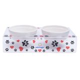 Petmagic Akrilik Pleksi Evcil Hayvan Beyaz Seramik Kaseli Kedi ve Mini Köpek Mama ve Su Kabı- Siyah Patili