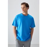 Petrol Mavi %100 Pamuk Kalın Yumuşak Dokulu Oversize Fit Basic Erkek T-Shirt - 88353
