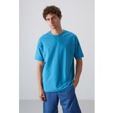 Petrol Mavi Pamuklu Kalın Yumuşak Dokulu Oversize Fit Basic Erkek T-Shirt - 88349
