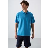 Petrol Mavi Pamuklu Kalın Yumuşak Dokulu Oversize Fit Basic Polo Yaka Erkek T-Shirt - 88327