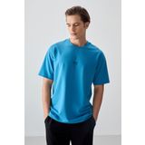 Petrol Mavi Pamuklu Kalın Yumuşak Dokulu Oversize Fit Baskılı Erkek T-Shirt - 88373