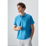 Petrol Mavi Pamuklu Kalın Yumuşak Dokulu Polo Yaka Oversize Fit Basic Erkek T- Shirt - 88381 - XL