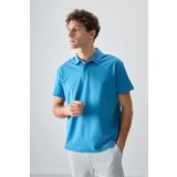 Petrol Mavi Pamuklu Kalın Yumuşak Dokulu Polo Yaka Oversize Fit Basic Erkek T- Shirt - 88381