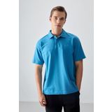 Petrol Mavi Pamuklu Kalın Yumuşak Dokulu Polo Yaka Oversize Fit Basic Erkek T- Shirt - 88382