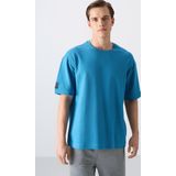 Petrol Mavi Pamuklu Kalın Yüzeyi Dokulu Oversize Fit Basic Erkek T-Shirt - 88339