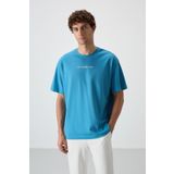 Petrol Mavi Pamuklu Kalın Yüzeyi Dokulu Oversize Fit Baskılı Erkek T-Shirt - 88364