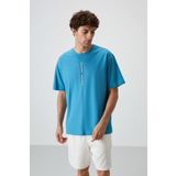 Petrol Mavi Pamuklu Kalın Yüzeyi Dokulu Oversize Fit Baskılı Erkek T-Shirt - 88366