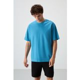 Petrol Mavi Pamuklu Kalın Yüzeyi Dokulu Oversize Fit Baskılı Erkek T-Shirt - 88369