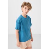 Petrol Mavi Pamuklu Yumuşak Dokulu Oversize Basic Erkek Çocuk T-Shirt - 11297