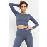 Petrol Uzun Kollu Dar Kalıp O Yaka Kadın Crop Top T-Shirt - 97150