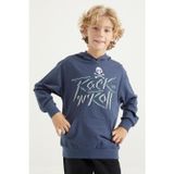 Petrol Yazı Baskılı Kanguru Cepli Kapüşonlu Standart Kalıp Erkek Çocuk Sweatshirt - 11002