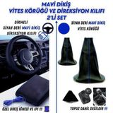 Peugeot 301 Uyumlu Siyah Deri Mavi Dikiş Direksiyon Kılıfı ve Vites Körüğü 2'li Set