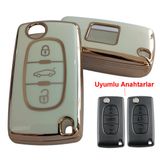 Peugeot 407 508 Citroen C4 C5 Uyumlu Kumanda Anahtar Kılıfı Oto Anahtarlık 3 Tuşlu BEYAZ GOLD