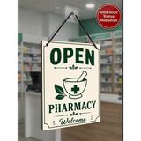 Pharmacy Open Closed Tabelası Çift Taraflı Mdf 15X20CM - Ultra Güçlü Vantuz Hediyeli / Eczane Cam Kapı Askı Tabelası - 15x20 cm
