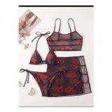 Phellos Siyah Kırmızı Ejderha Desenli 4’Lü Asya Anime Bikini Takımı Crop Top, Pareo Ve Üçgen Bikini Alt Üst