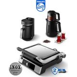 Philips 2200W Hızlı Pişirme Için Yüksek Güç, Çıkarılabilir Yapışmaz Plakalar 5000 Serisi Izgara ve Tost Makinesi+Türk Kahve Makinesi + Çay Makinesi 1700W + Mutfak Tartısı - Inox