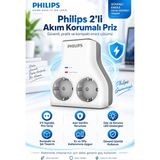 Philips 2'li Akım Korumalı Priz, 1140J Aşırı Gerilim Koruması, Çift Topraklı Priz Girişi, Güç ve Koruma LED Göstergesi, Kablosuz Kompakt Tasarım, Ev ve Ofis Kullanımına Uygun Beyaz Güvenli
