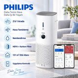 Philips 2'si 1 Arada Hava Temizleyici ve Nemlendirici, 131 M², Hepa ve Aktif Karbon Filtreli, Beyaz.