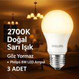 Philips 8W LED Ampul 3’lü Set • E27 • Sarı Işık • Göz Yormayan Tasarruflu Aydınlatma