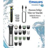 Philips 9000 Serisi Saç Sakal Vücut Kulak ve Burun Hepsi Bir Arada Islak Kuru Kullanımlı 16 Parça Profesyonel Erkek Bakım Seti+ One Blade + Taşıma Çantası - Gümüş