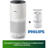 Philips 98 M2 Etki Güçlü Wi-Fi Bağlantılı Hava Temizleyici Sigara Dumanı ve Kötü Kokuları Hızla Süzen Aktif Karbon Filtreli Cihaz AC2939+HAVA Nemlendirici HU2510 - Beyaz