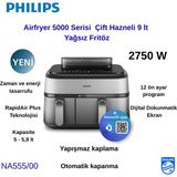 Philips Airfryer 5000 Serisi NA555/00 Çift Hazneli 9 Lt Yağsız Fritöz+Hassas Mutfak Tartısı Hediye - Koyu Inox