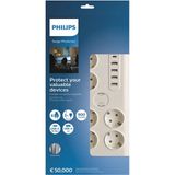 Philips Akım Korumalı SPN7060WA 6'lı Priz 900J 2m USB Çıkışlı Beyaz Renk Özellikli Anahtarsız