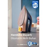 Philips Azur 8000 Serisi Harekete Duyarlı Akıllı Otomatik Buhar Teknolojili 3000W Ütü, Optimaltemp ile Sıfır Yanık Garantisi ve 260G Şok Buhar - Lacivert