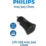 Philips Çift USB Araç Şarj Cihazı – 2.4A Hızlı Şarj, Çift Çıkışlı Oto Şarj Adaptörü - SİYAH