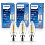 Philips CorePro LED Candle 3’lü Paket – E14 Duy, 4.3W 40W Eşdeğer, 470 Lümen, 2700K Sarı Işık, Şeffaf Filament Buji Ampul Dim Edilmez