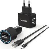 Philips Dlp 2553Ec Araç İçi Şarj Cihazı & Duvar Şarj Cihazı & Type-C Kablo Birarada Combo Ürün, Siyah