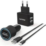 Philips Dlp 2553El Araç İçi Şarj Cihazı & Duvar Şarj Cihazı & Lightning Kablo Birarada Combo Ürün, Siyah