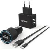 Philips DLP2553EM Araç İçi Şarj Cihazı & Duvar Şarj Cihazı & Micro Usb Kablo Birarada Combo Ürün, Siyah