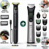Philips Erkek Bakım ve Tıraş Seti Saç Sakal Vücut Düzeltici Şarjlı Islak Kuru Kullanım Oneblade Hediyeli - Gri - Siyah