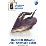 Philips Kumaşa Göre Akıllı Otomatik Buhar Özellikli 3000 Watt Buharlı Ütü, Sıfır Yanık Riski, Özel Tabanlı, Optimal Isı Teknolojisiyle, Türk Kahve Makinesi Hediye - Mor
